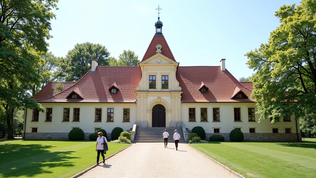 Kultūrinis paminklas su architektūra ir turistais aplink